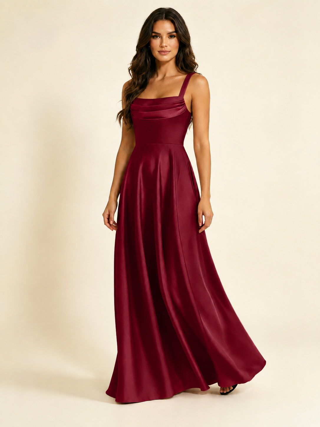 Satin Draped Cowl Square Neck A-Line Maxi Bridesmaid Dress