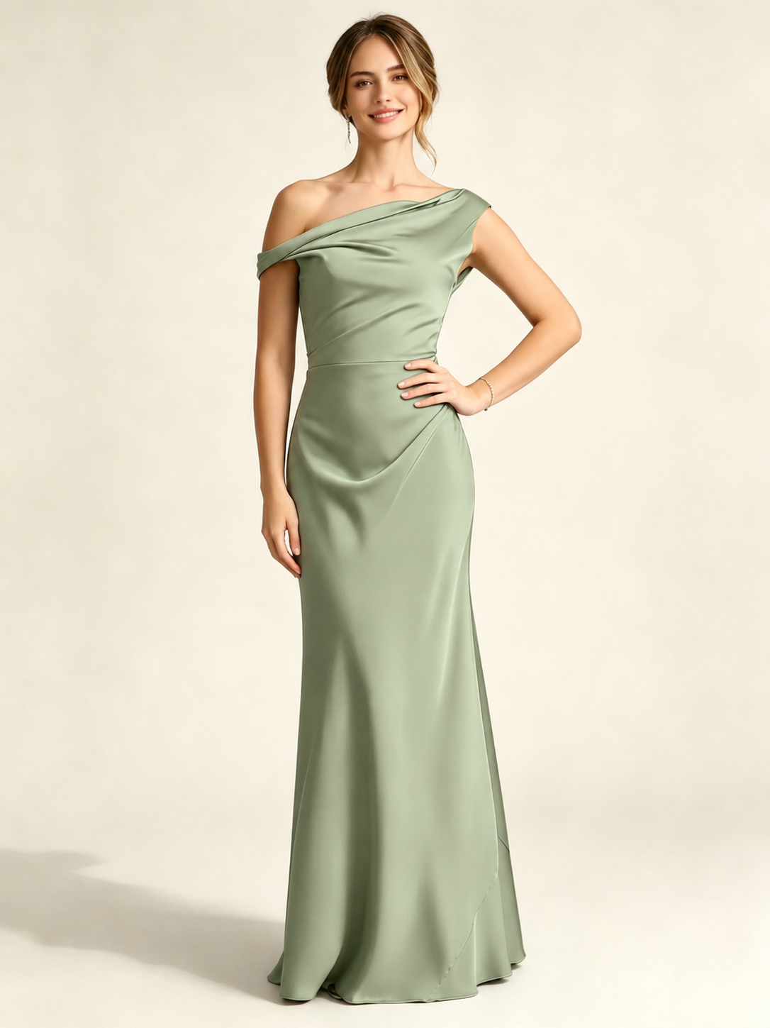 Satin Mermaid Bridesmaid Maxi Dress, Asymmetrical Off Shoulder Ruched Waist Open Back
