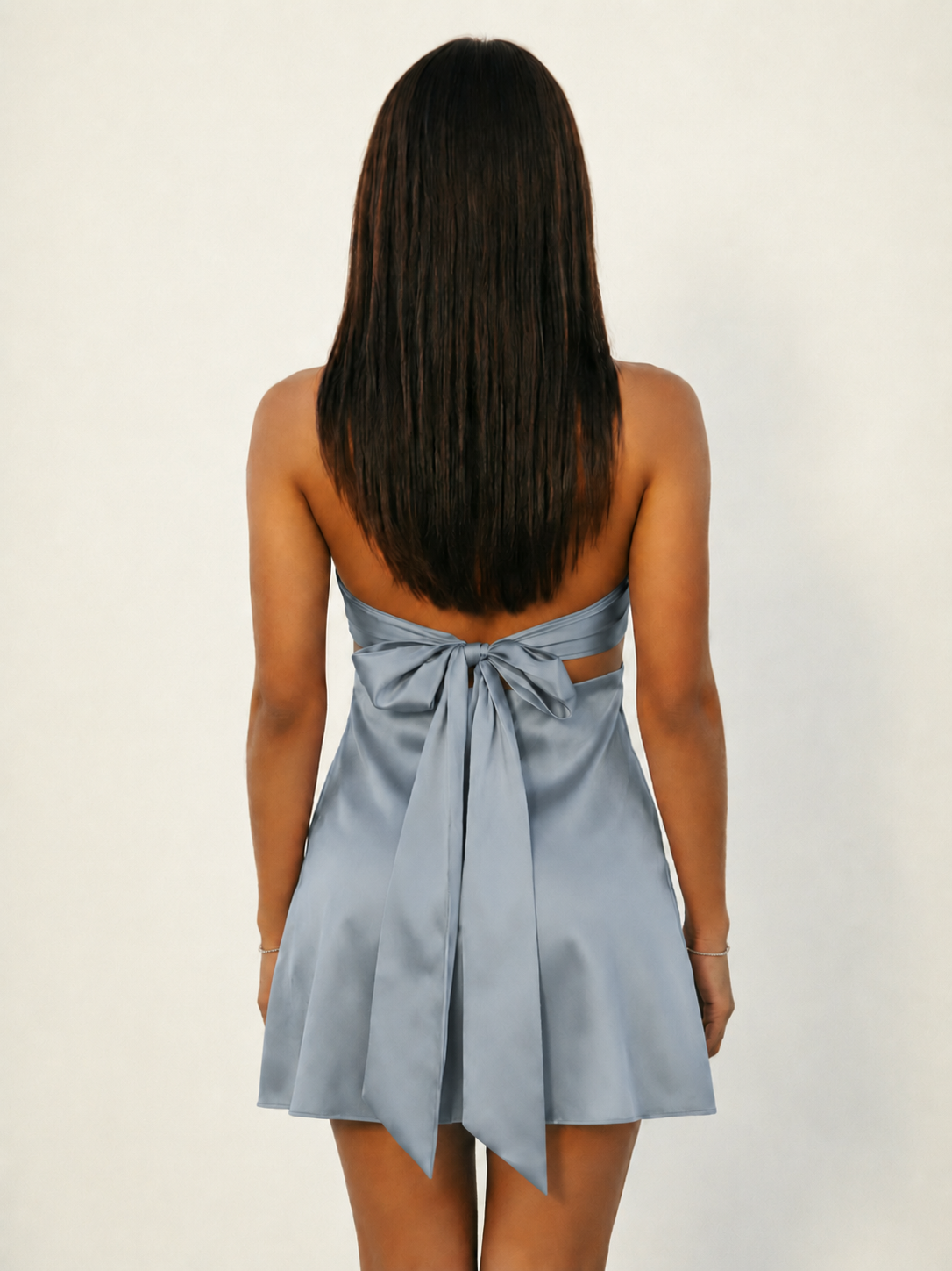 Strapless Satin Twist Cutout Tie-Back Mini Dress