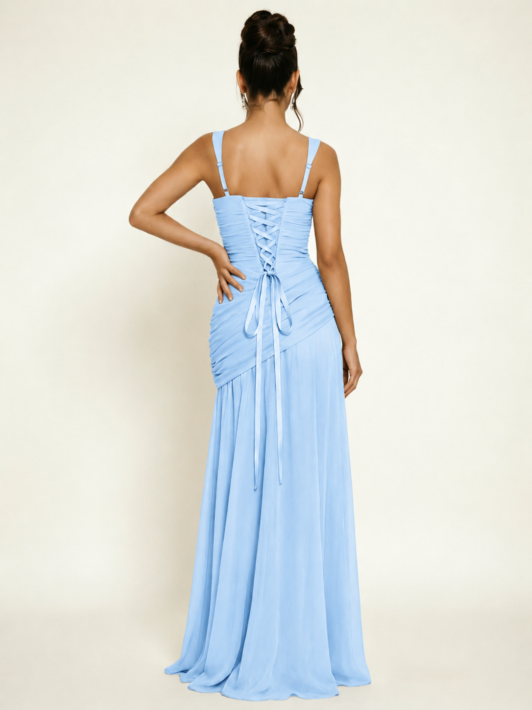 Adjustable Strap Shiny Draped Formal Maxi Dress with Corset Lace Up Back