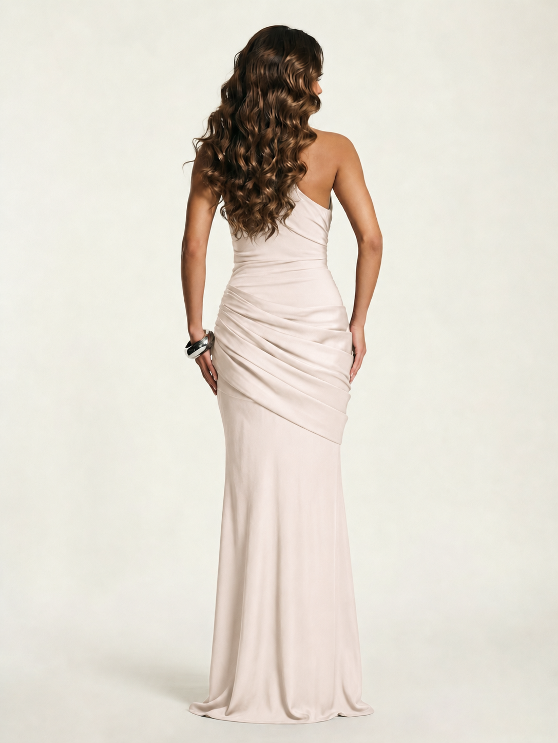 Single-shoulder satin floor-length evening dress
