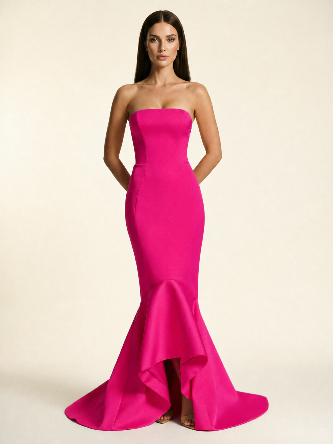 Strapless Satin Mermaid Dress With Ruffled Train & Lace-Up Back