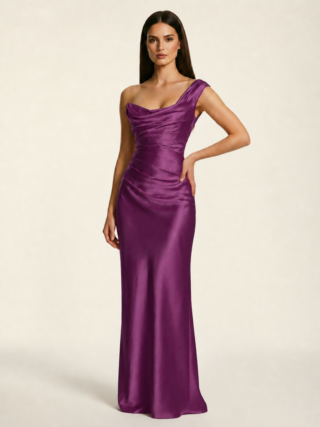 Single-shoulder satin back strap design formal dress