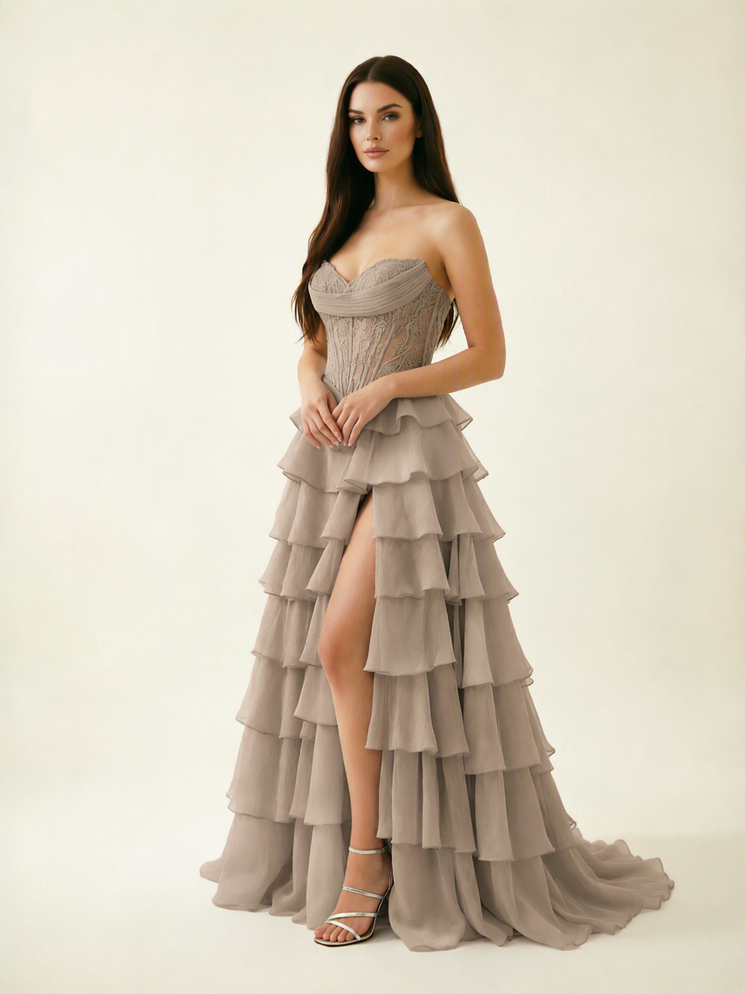 Strapless Lace Corset Tiered High Slit Prom Dress