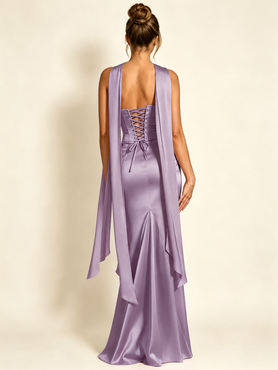 Satin Cowl Neck Mermaid Evening Dress with Corset Bodice and Draped Straps