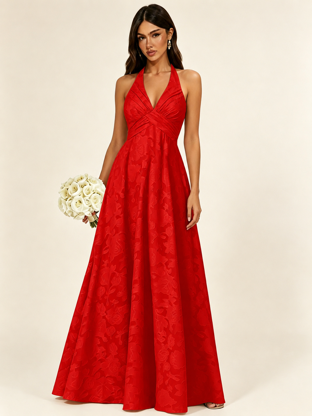 Floral Jacquard Halter Deep V A-Line Maxi Dress Backless Lace-Up Corset Bridesmaid Dress