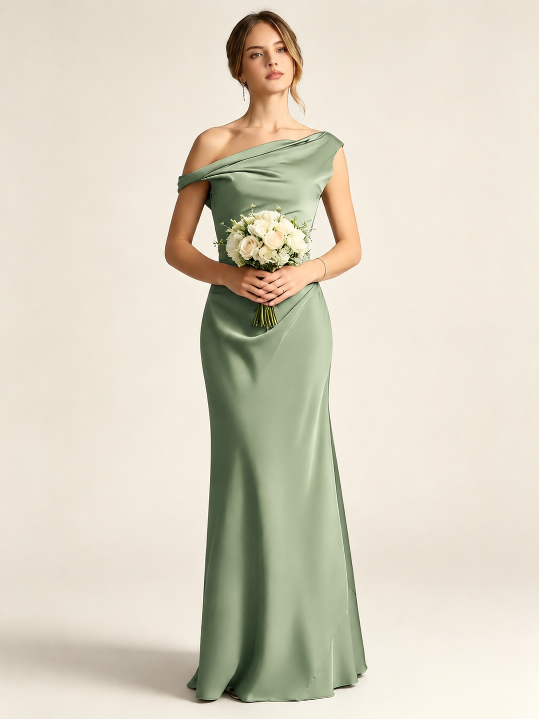 Satin Mermaid Bridesmaid Maxi Dress, Asymmetrical Off Shoulder Ruched Waist Open Back