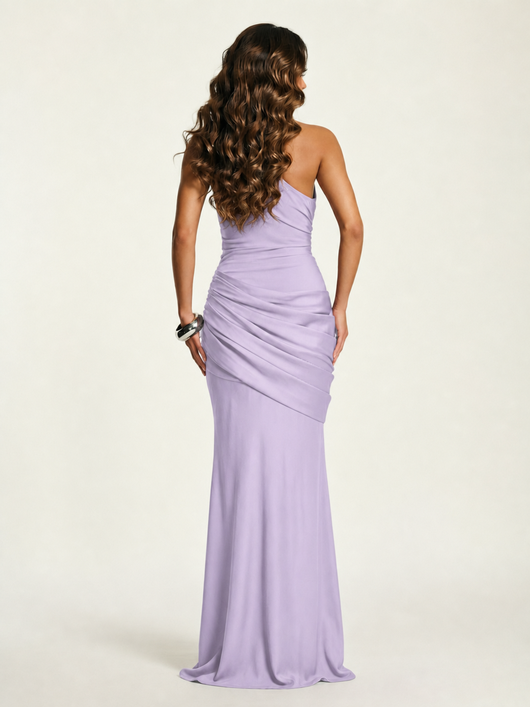Single-shoulder satin floor-length evening dress