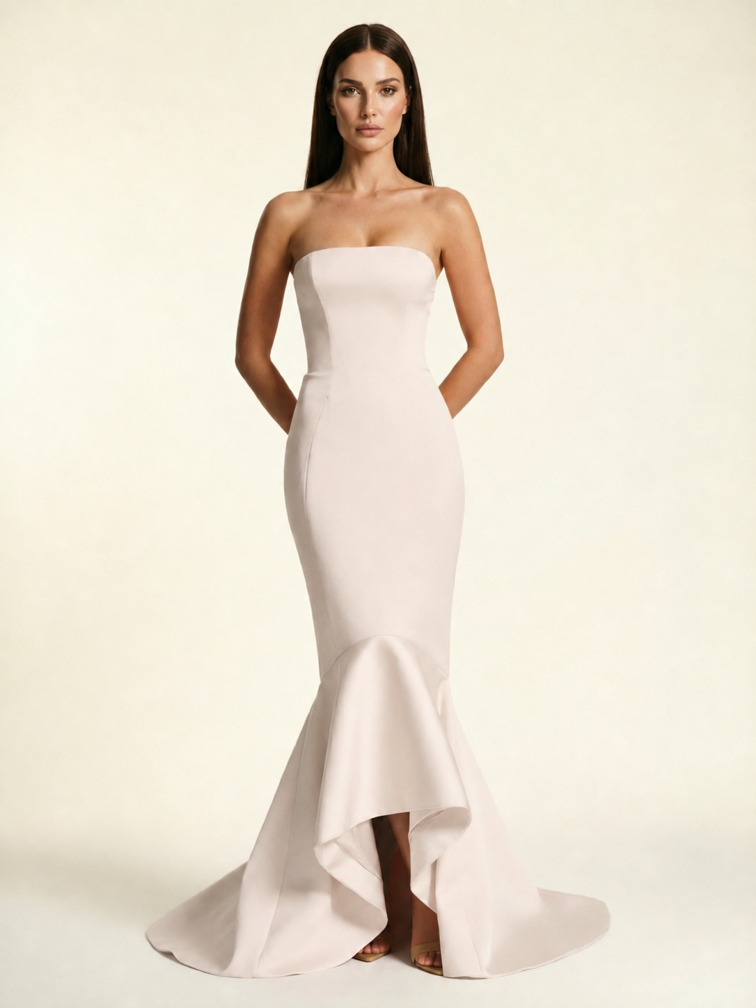 Strapless Satin Mermaid Dress With Ruffled Train & Lace-Up Back