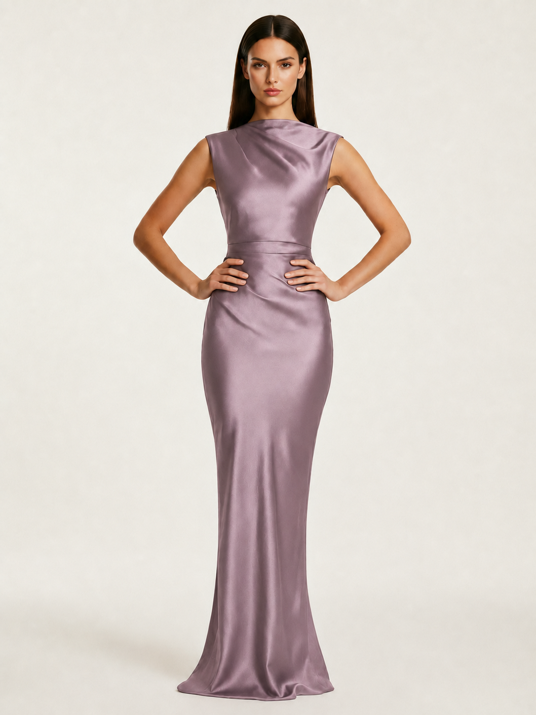 Sleeveless Draped Satin Mermaid Cutout Back Formal Dress