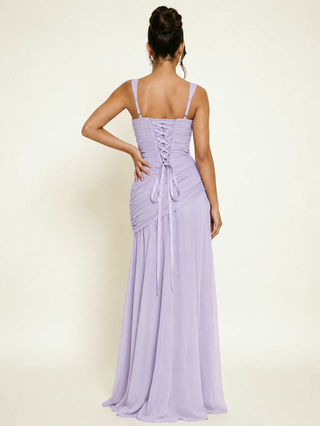 Adjustable Strap Shiny Draped Formal Maxi Dress with Corset Lace Up Back