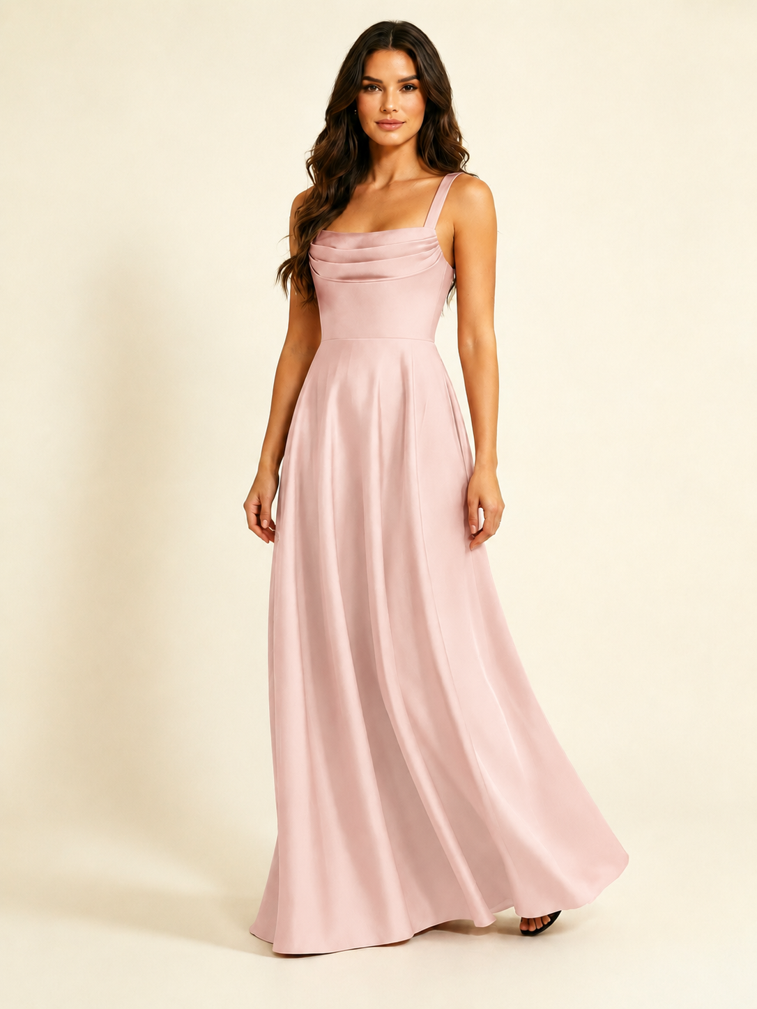 Satin Draped Cowl Square Neck A-Line Maxi Bridesmaid Dress