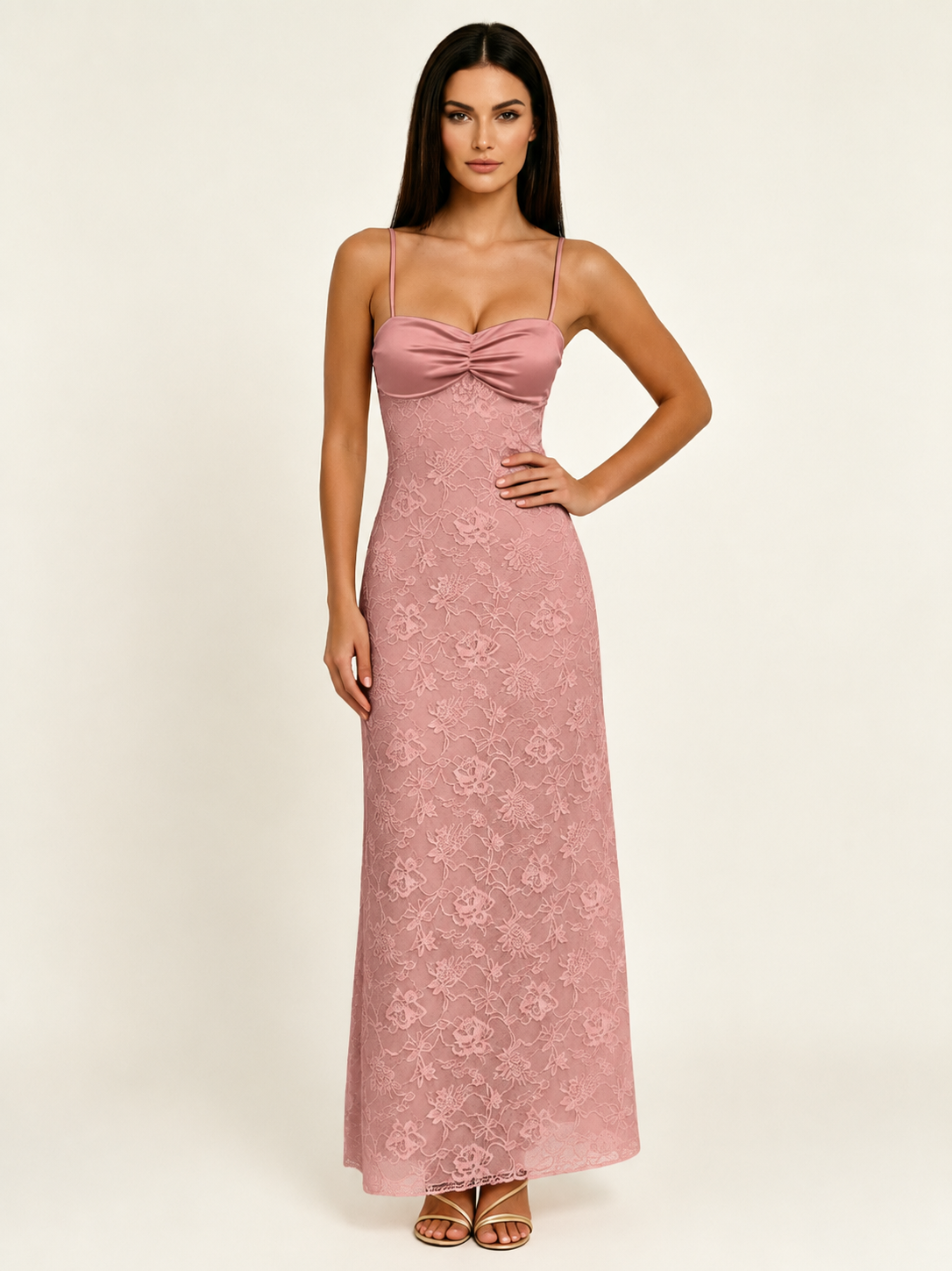 Satin Bust Lace Midi Maxi Dress, Spaghetti Strap Cross Lace Up Back Bridesmaid Dress