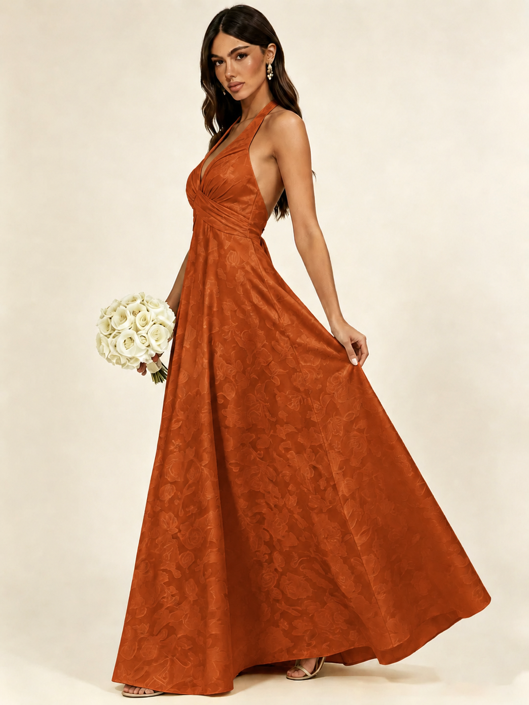 Floral Jacquard Halter Deep V A-Line Maxi Dress Backless Lace-Up Corset Bridesmaid Dress