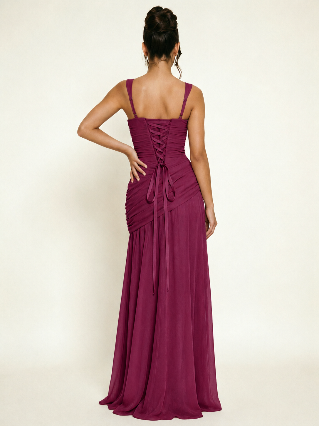 Adjustable Strap Shiny Draped Formal Maxi Dress with Corset Lace Up Back