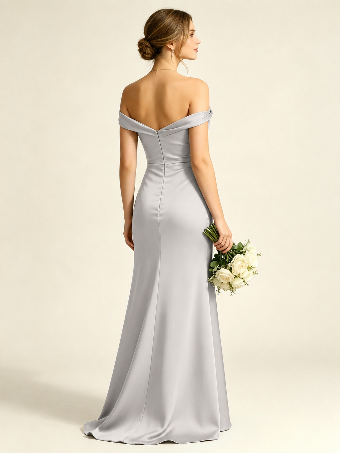 Satin Mermaid Bridesmaid Maxi Dress, Asymmetrical Off Shoulder Ruched Waist Open Back