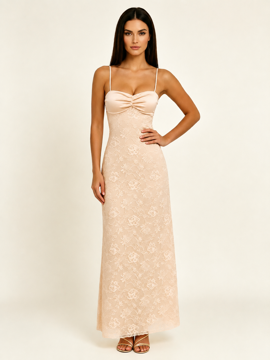 Satin Bust Lace Midi Maxi Dress, Spaghetti Strap Cross Lace Up Back Bridesmaid Dress