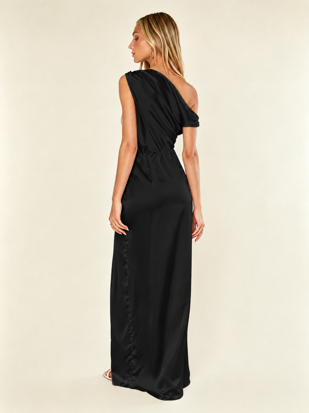 Satin One Shoulder Maxi Dress Asymmetric Draped High Slit Bridesmaid Dress