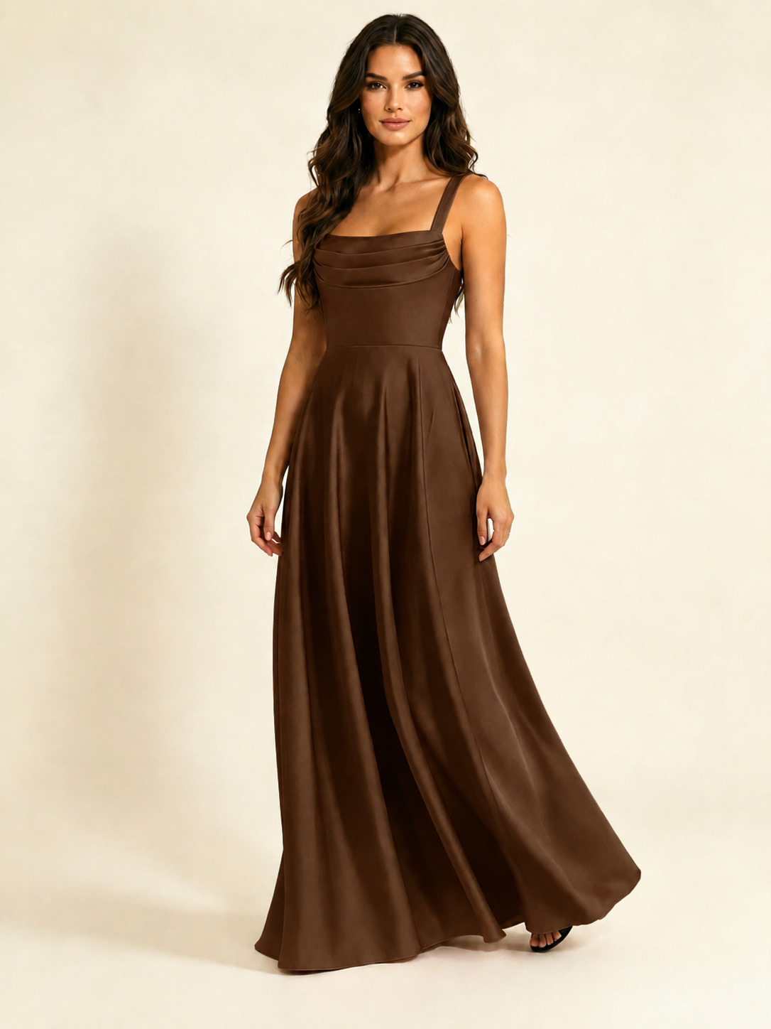 Satin Draped Cowl Square Neck A-Line Maxi Bridesmaid Dress
