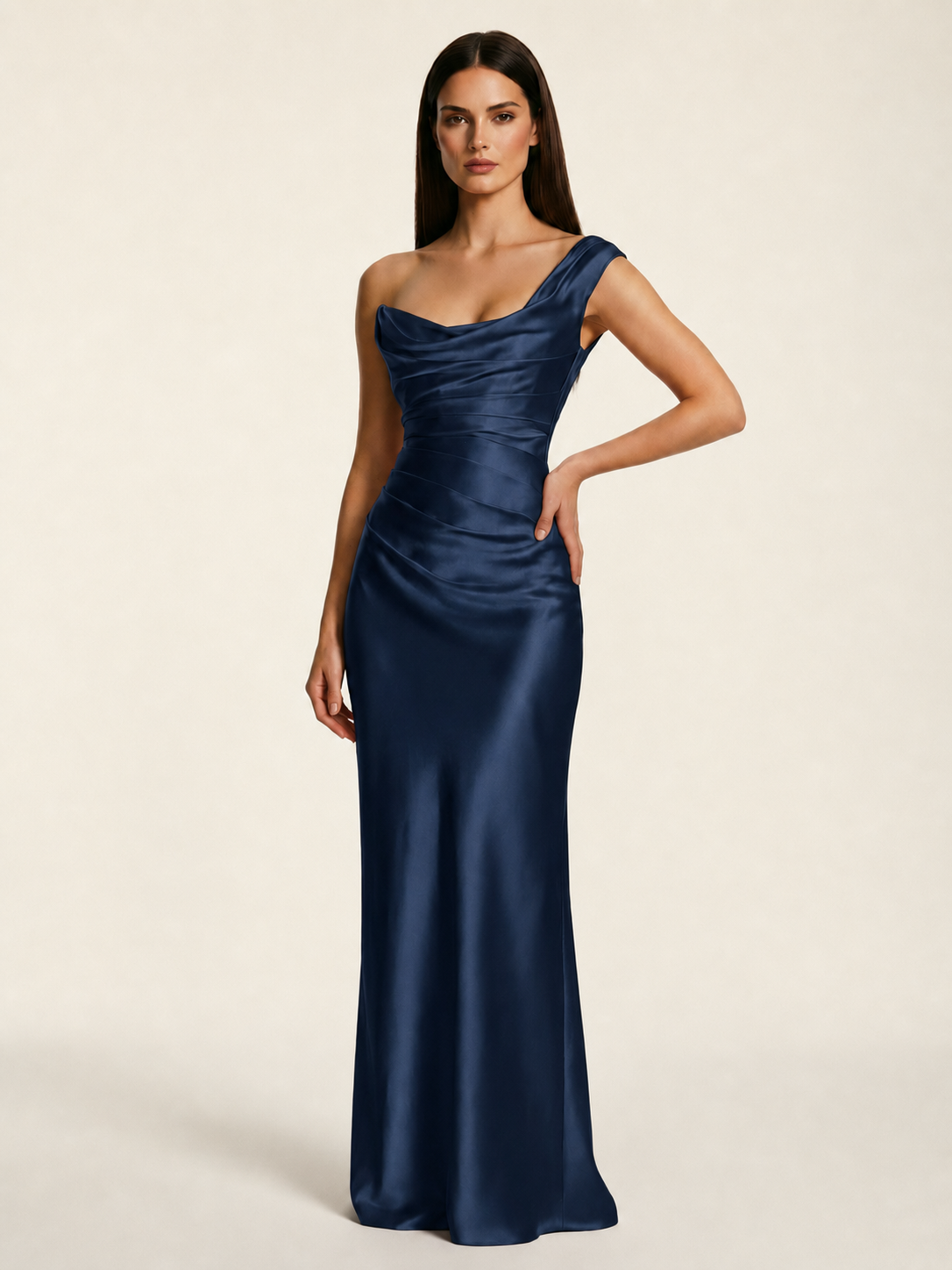 Single-shoulder satin back strap design formal dress