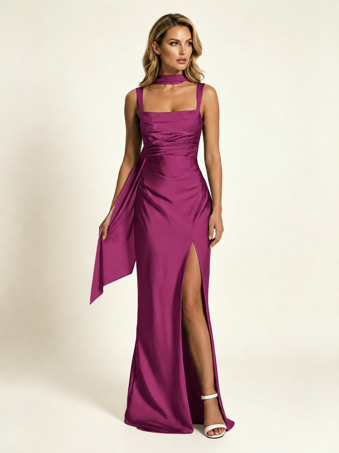 Satin Square Neck Mermaid Maxi Gown with Choker Strap