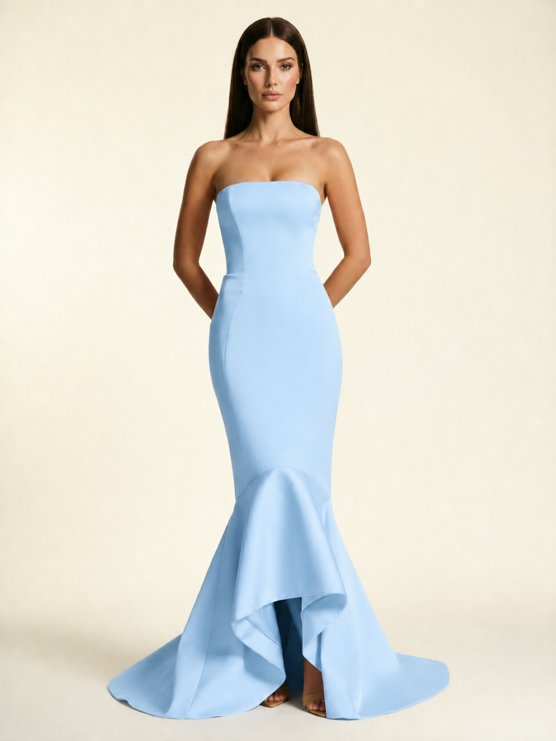 Strapless Satin Mermaid Dress With Ruffled Train & Lace-Up Back