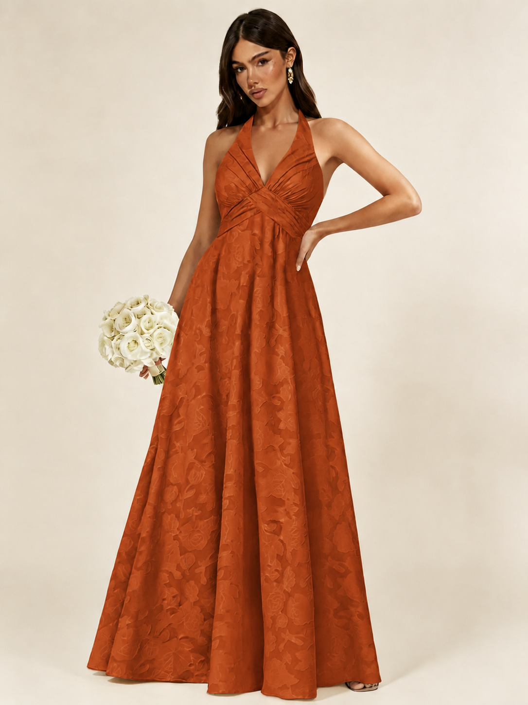Floral Jacquard Halter Deep V A-Line Maxi Dress Backless Lace-Up Corset Bridesmaid Dress