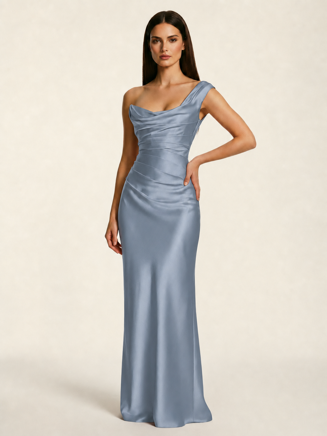 Single-shoulder satin back strap design formal dress