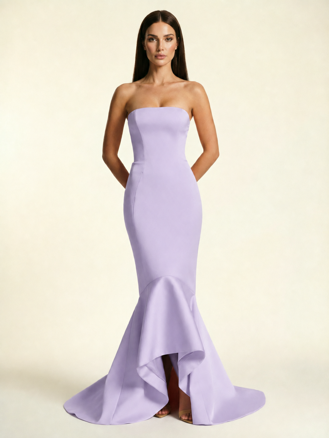 Strapless Satin Mermaid Dress With Ruffled Train & Lace-Up Back