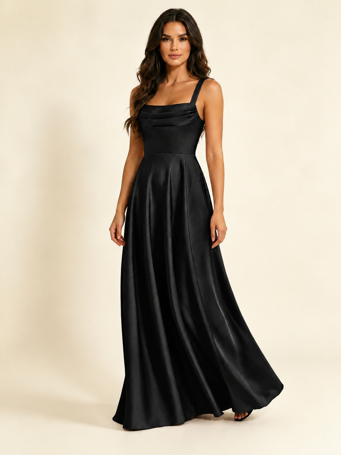 Satin Draped Cowl Square Neck A-Line Maxi Bridesmaid Dress