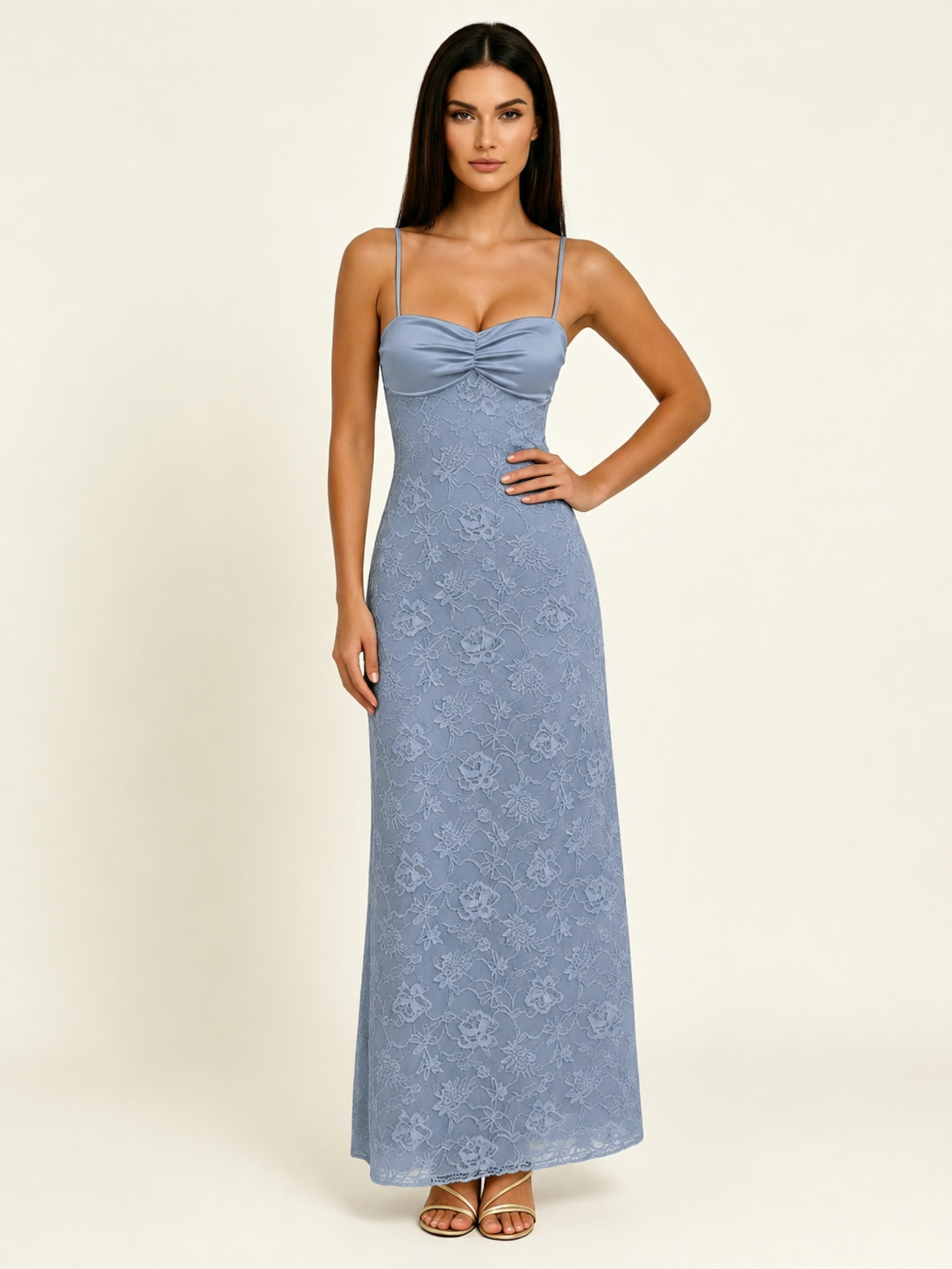 Satin Bust Lace Midi Maxi Dress, Spaghetti Strap Cross Lace Up Back Bridesmaid Dress