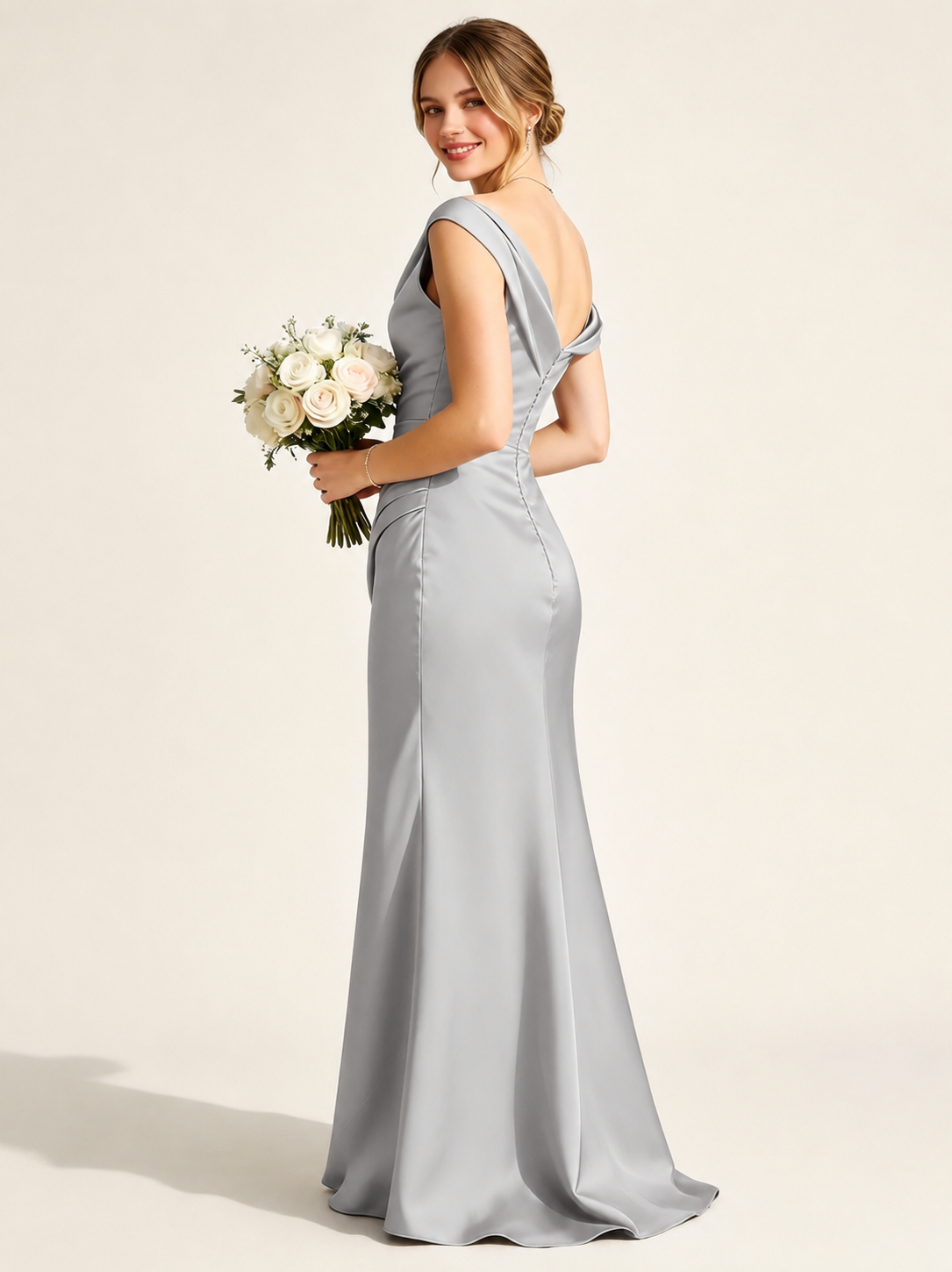 Satin Mermaid Bridesmaid Maxi Dress, Asymmetrical Off Shoulder Ruched Waist Open Back