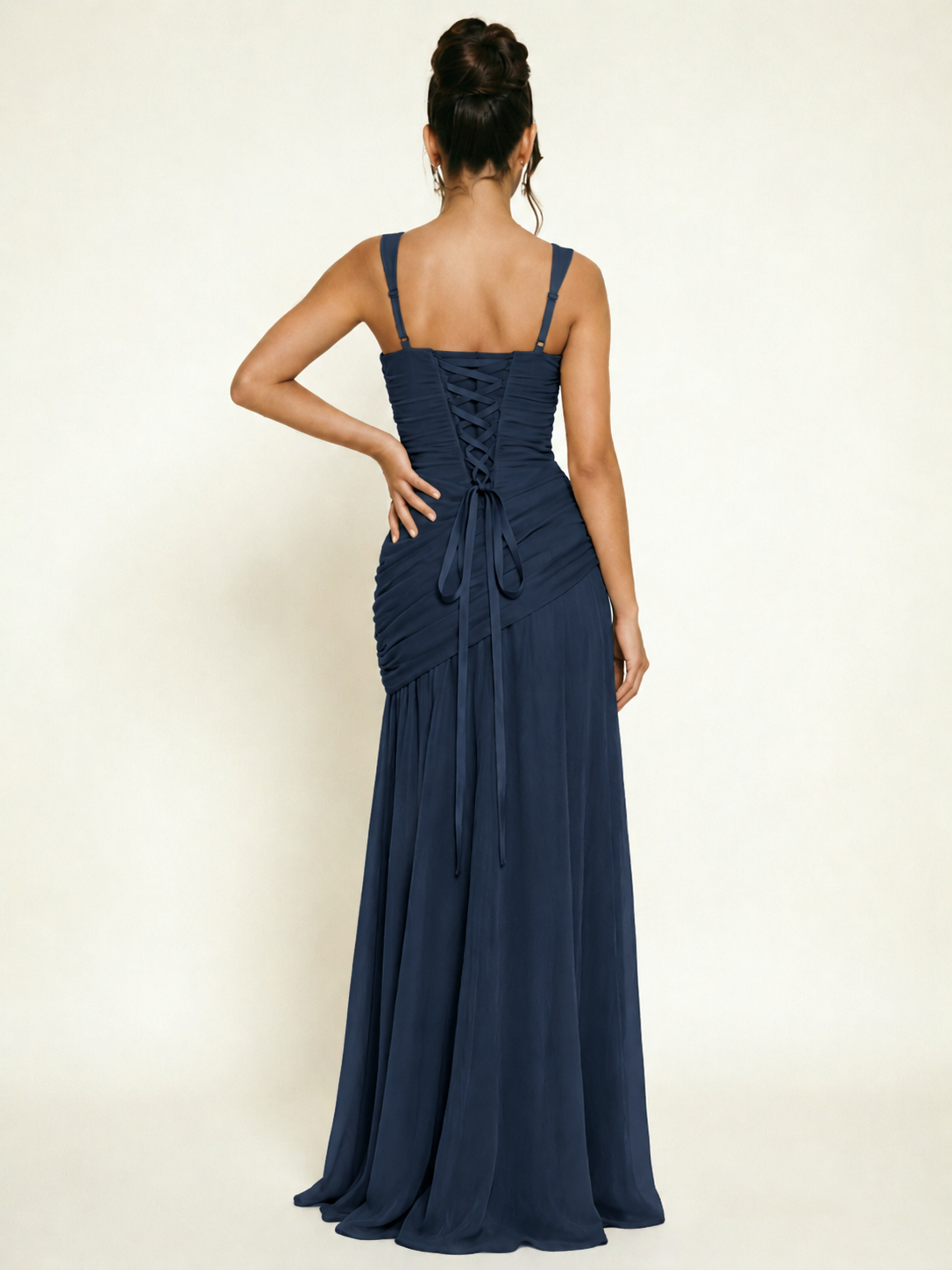 Adjustable Strap Shiny Draped Formal Maxi Dress with Corset Lace Up Back