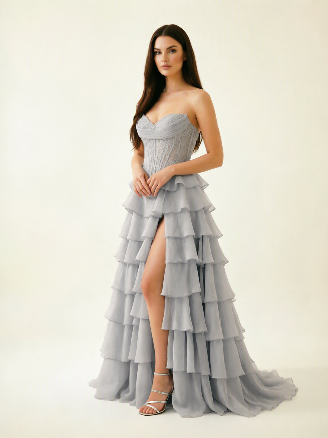 Strapless Lace Corset Tiered High Slit Prom Dress
