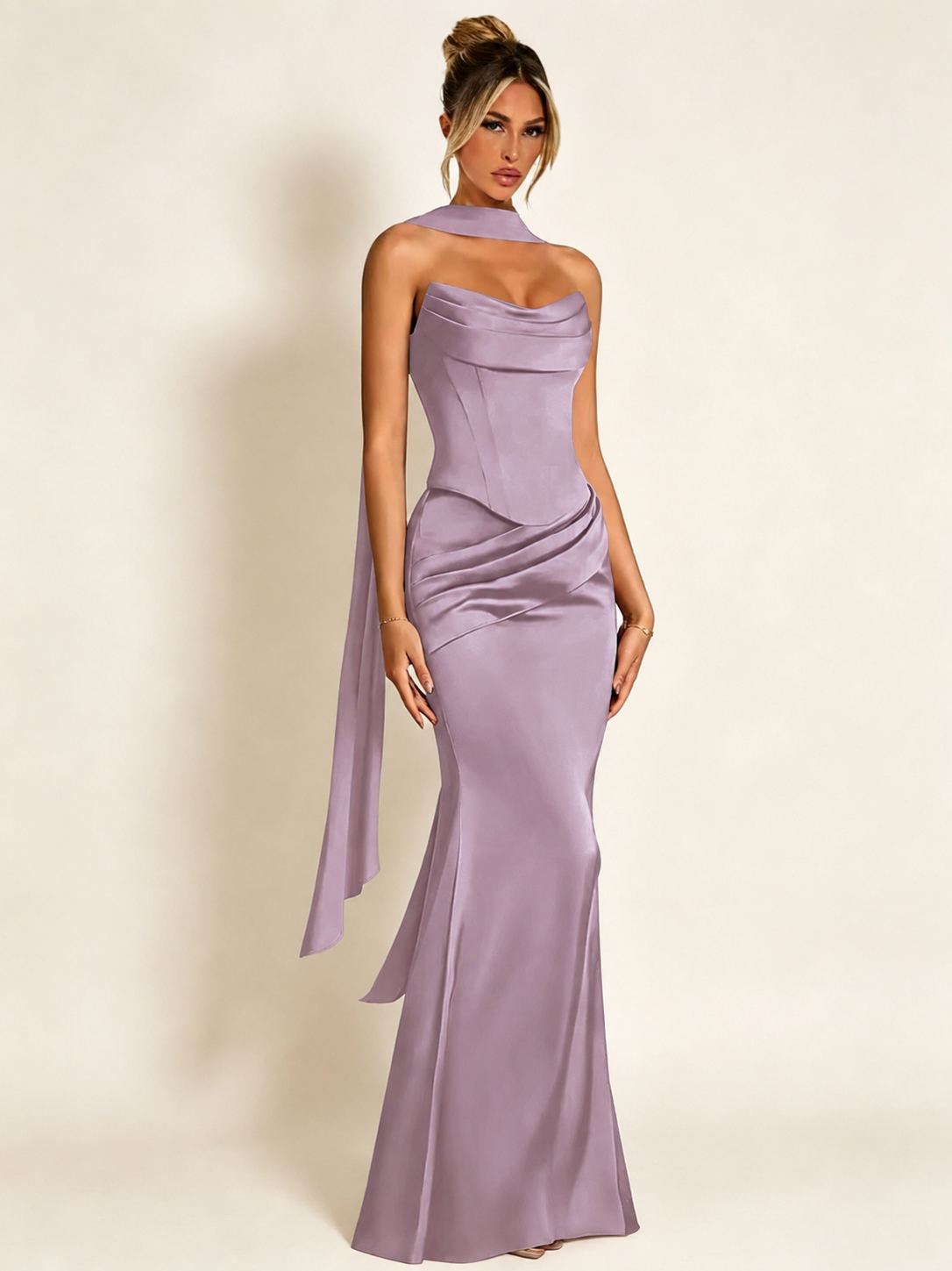 Satin Cowl Neck Mermaid Evening Dress with Corset Bodice and Draped Straps