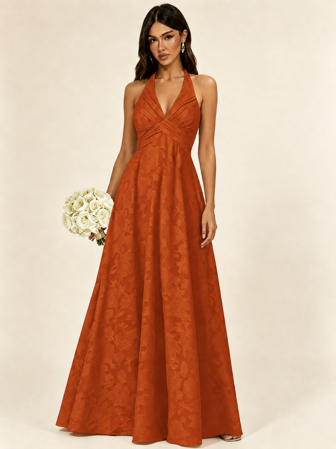 Floral Jacquard Halter Deep V A-Line Maxi Dress Backless Lace-Up Corset Bridesmaid Dress