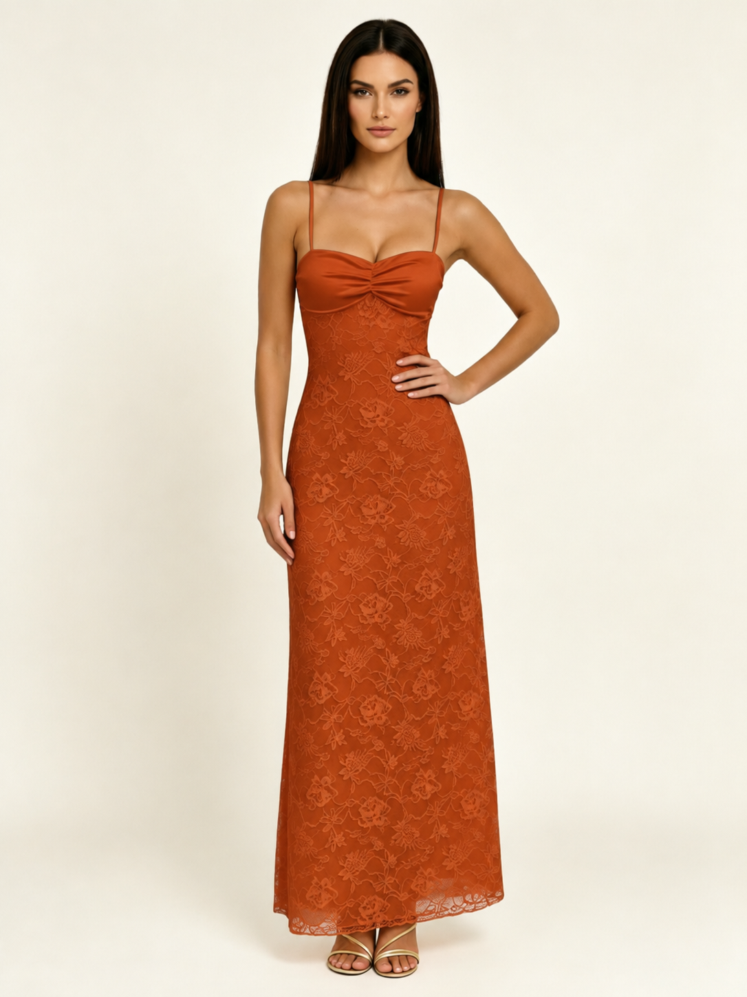 Satin Bust Lace Midi Maxi Dress, Spaghetti Strap Cross Lace Up Back Bridesmaid Dress