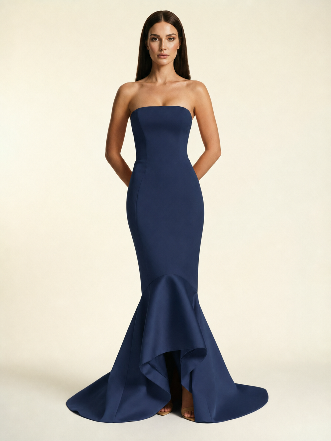 Strapless Satin Mermaid Dress With Ruffled Train & Lace-Up Back