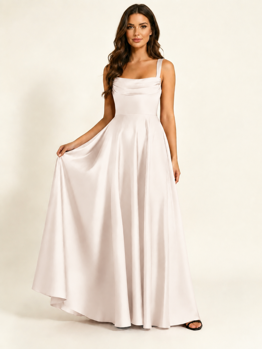Satin Draped Cowl Square Neck A-Line Maxi Bridesmaid Dress