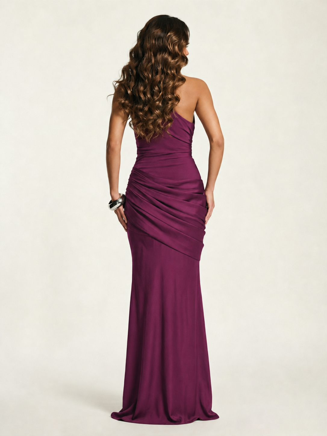 Single-shoulder satin floor-length evening dress