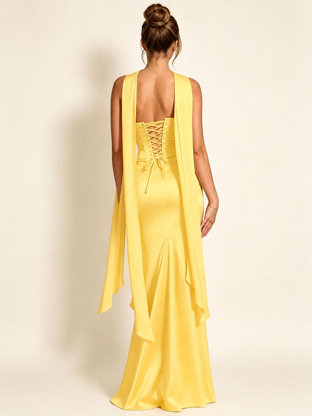 Satin Cowl Neck Mermaid Evening Dress with Corset Bodice and Draped Straps