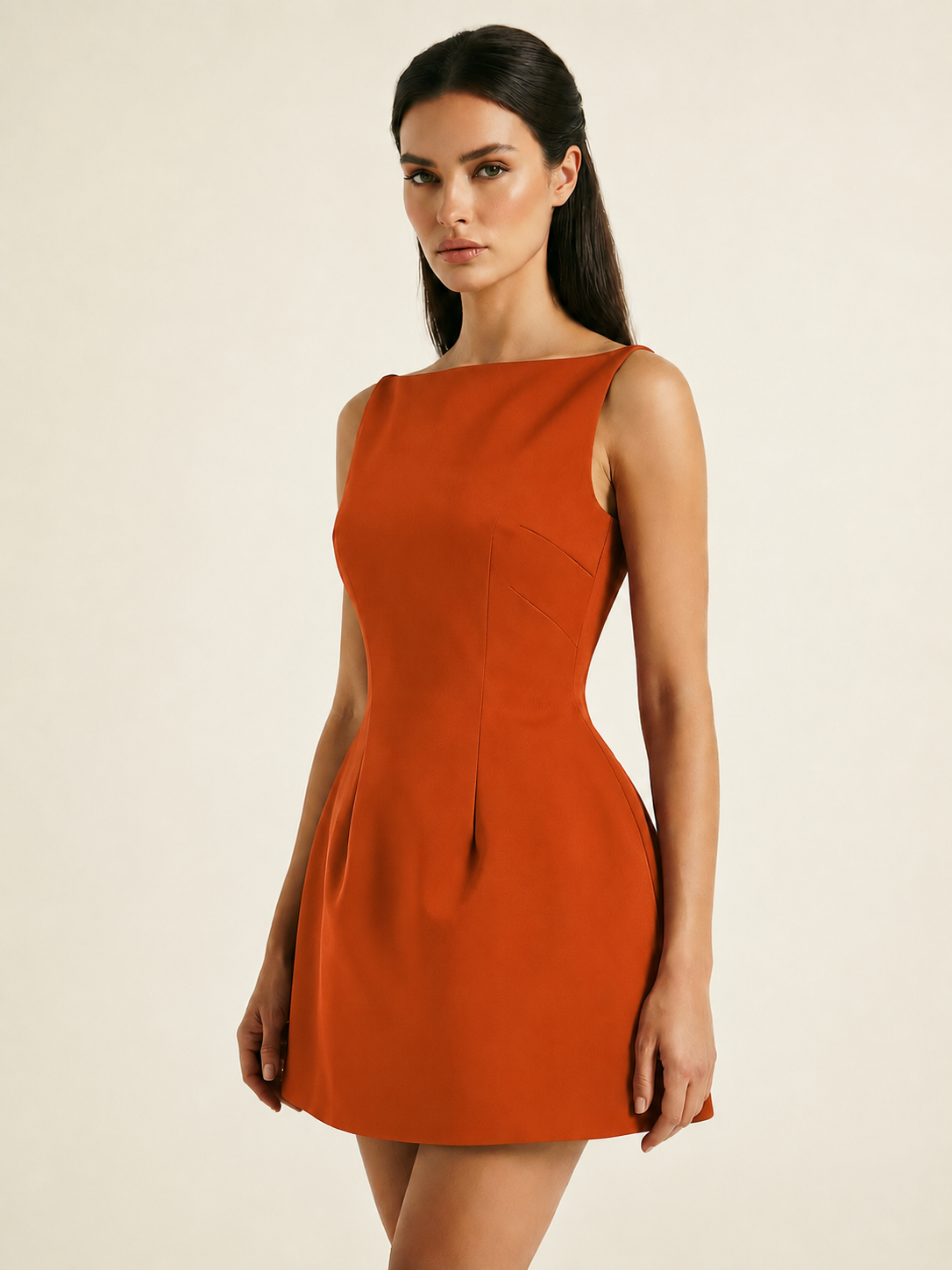 Satin Boat Neck Open Back Fit & Flare Mini Dress
