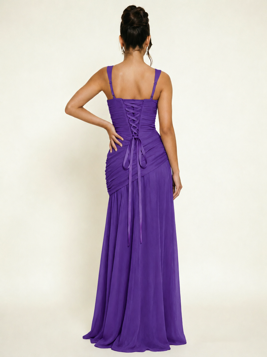 Adjustable Strap Shiny Draped Formal Maxi Dress with Corset Lace Up Back