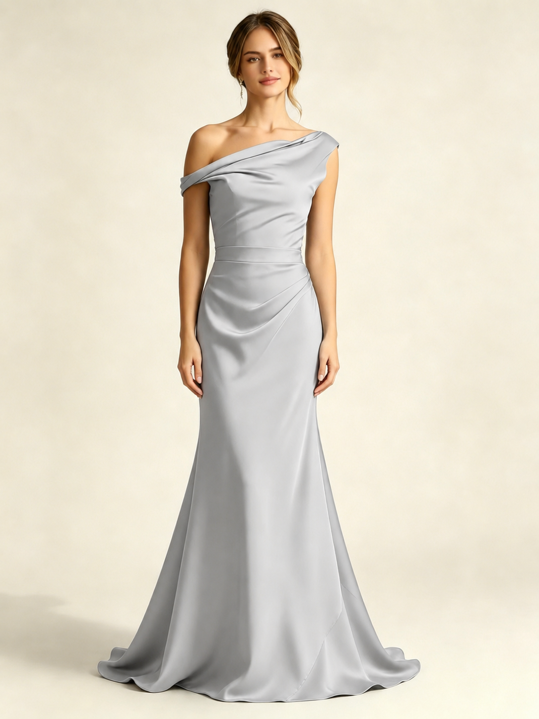 Satin Mermaid Bridesmaid Maxi Dress, Asymmetrical Off Shoulder Ruched Waist Open Back