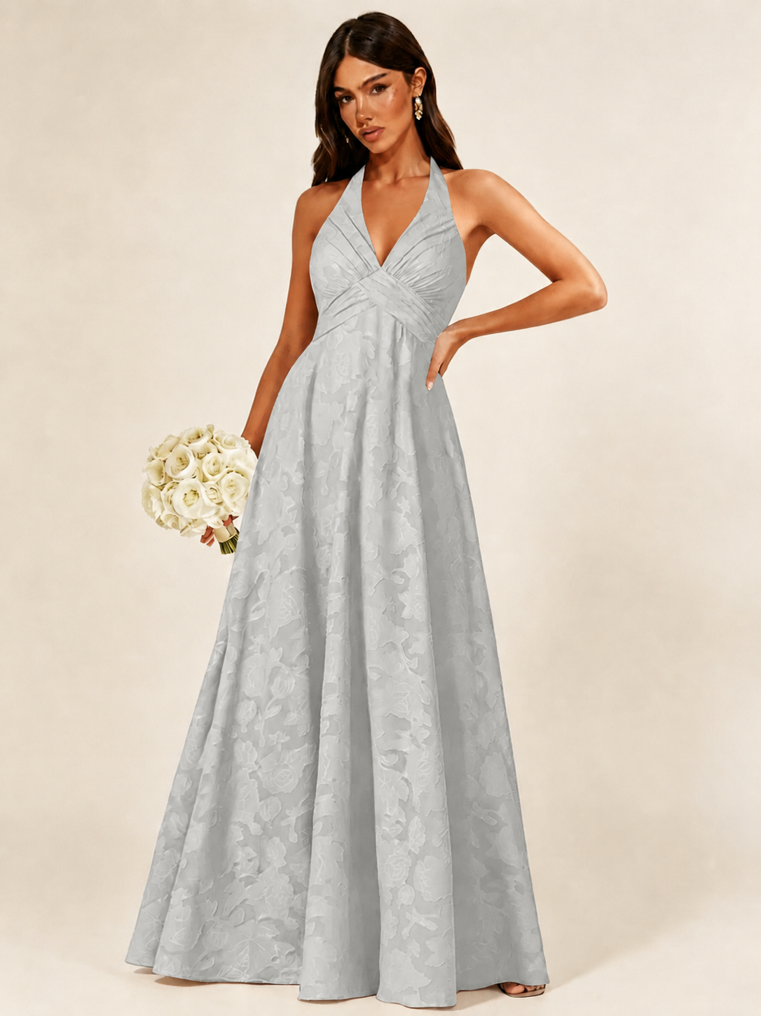 Floral Jacquard Halter Deep V A-Line Maxi Dress Backless Lace-Up Corset Bridesmaid Dress