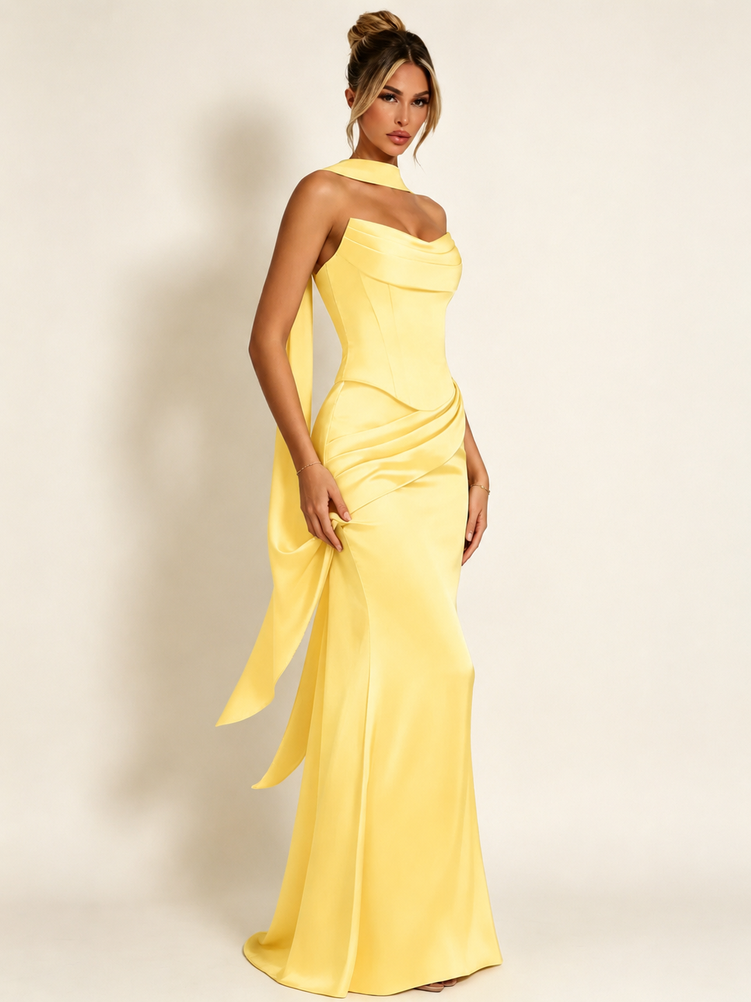 Satin Cowl Neck Mermaid Evening Dress with Corset Bodice and Draped Straps