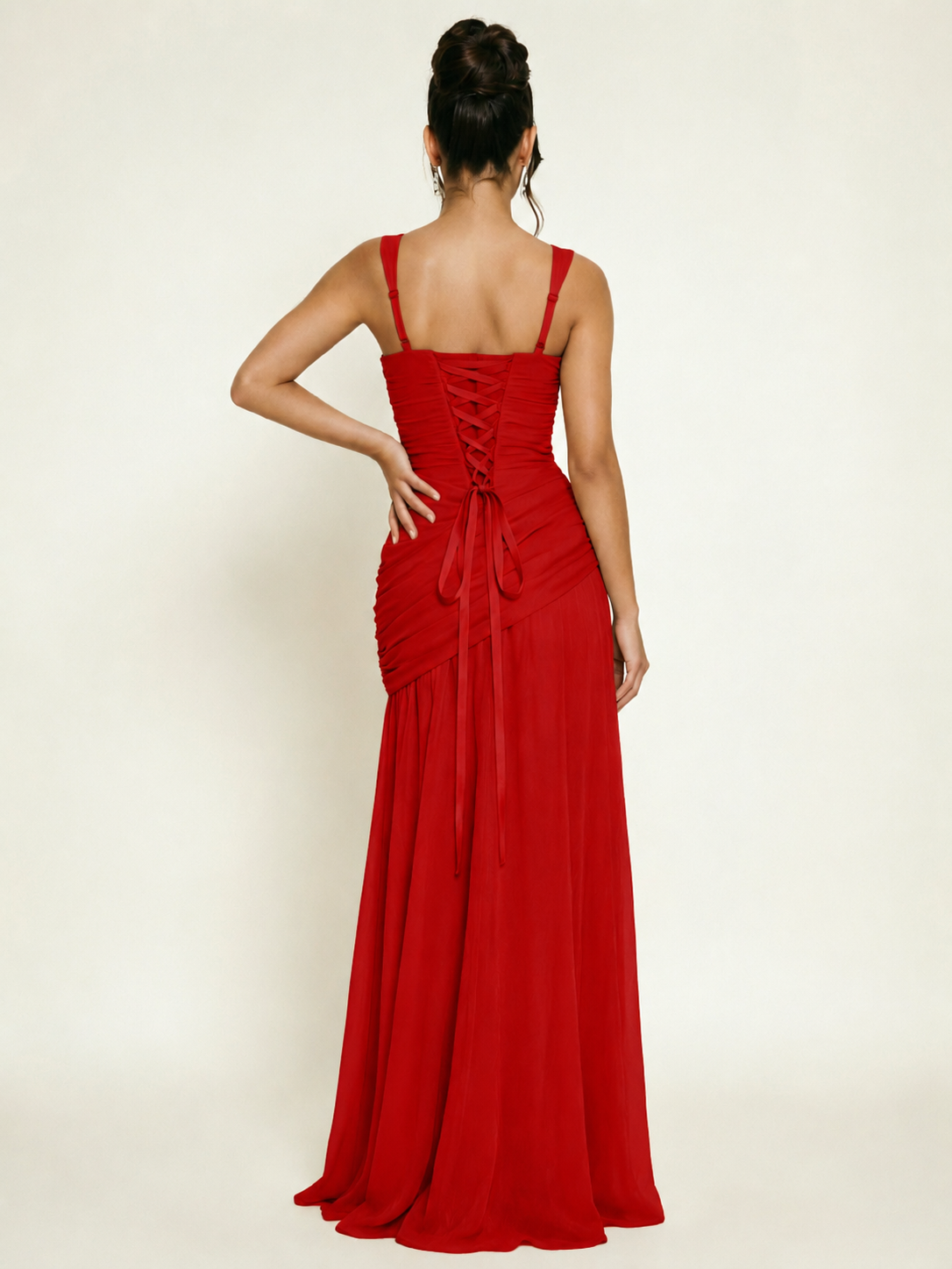 Adjustable Strap Shiny Draped Formal Maxi Dress with Corset Lace Up Back