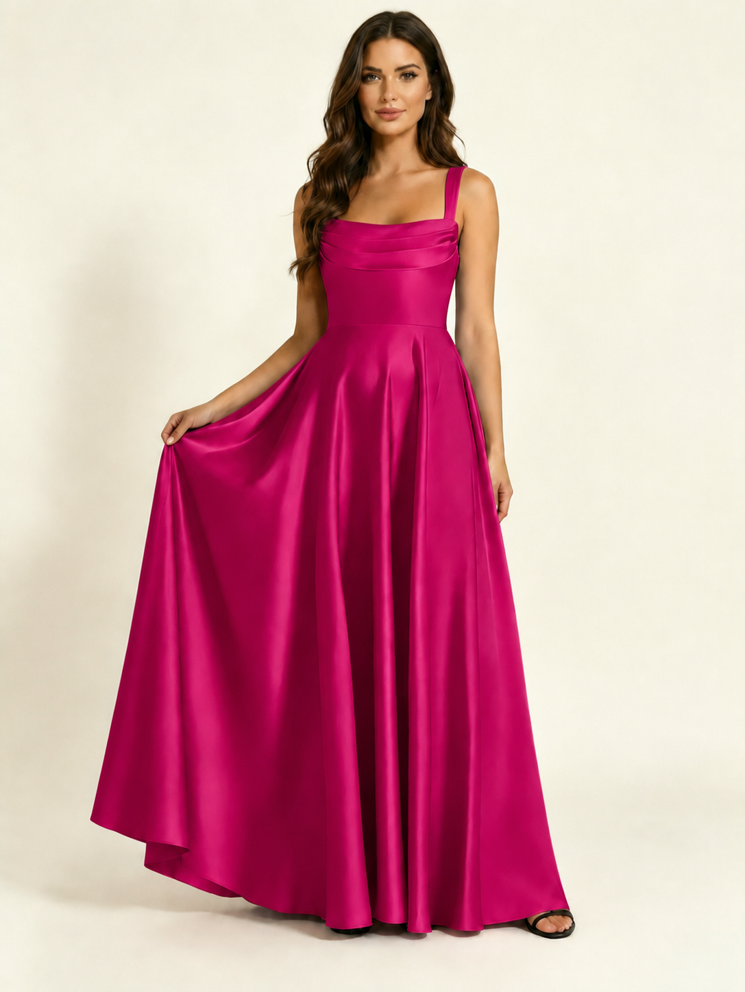 Satin Draped Cowl Square Neck A-Line Maxi Bridesmaid Dress