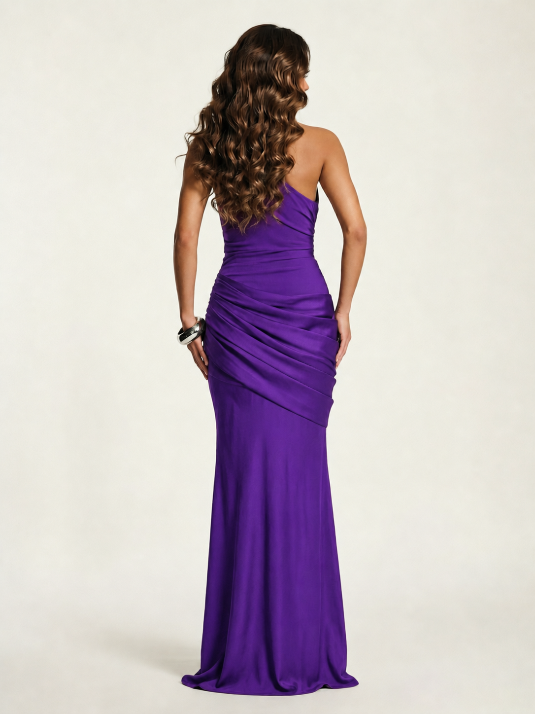 Single-shoulder satin floor-length evening dress