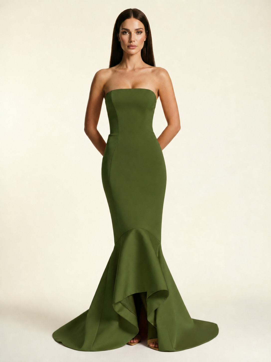 Strapless Satin Mermaid Dress With Ruffled Train & Lace-Up Back
